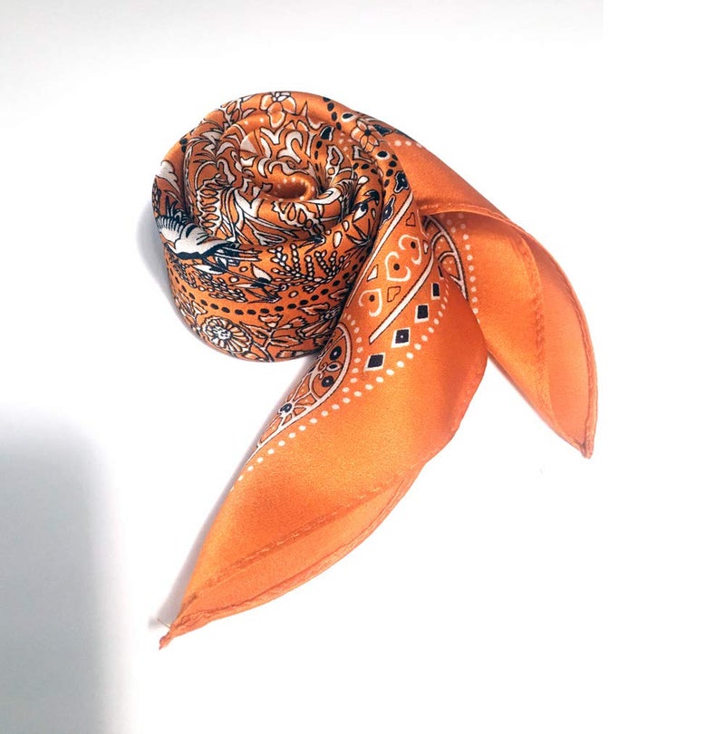 MEISEE Pure Mulberry Silk Scarfs Women Small Square Scarf 21" x 21" Breathable Lightweight Neckerchief Printed Headscarf (A-50 Flowers - orange) - Image 4